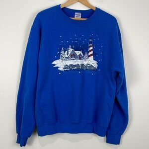 Jerzees Vintage Women’s Medium Sweatshirt Lighthouse Winter Snow Pullover Blue